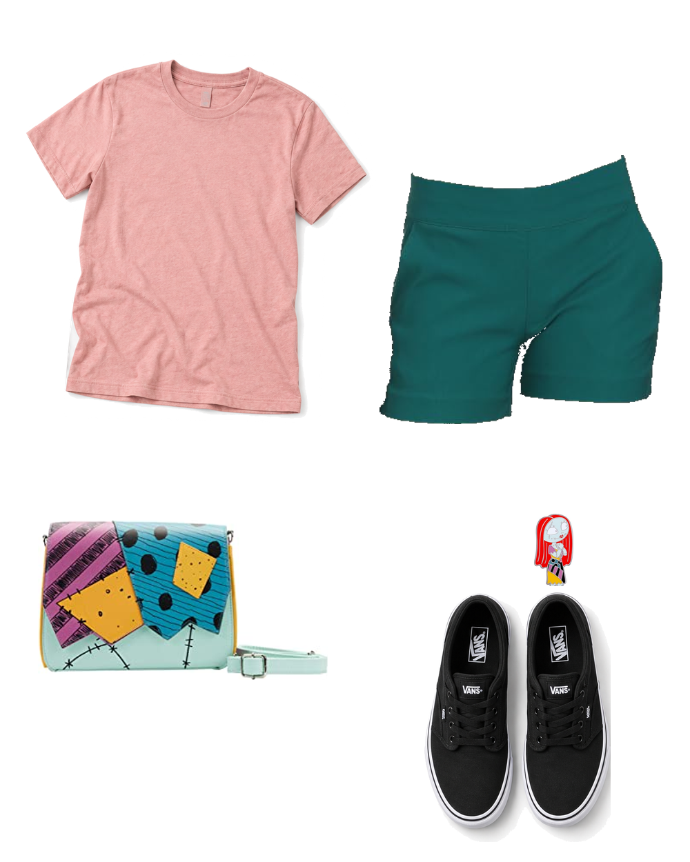 Dusty-pink crewneck tee, teal chino shorts, Sally patchwork crossbody bag, Sally enamel pin and black Vans sneakers arranged on white.