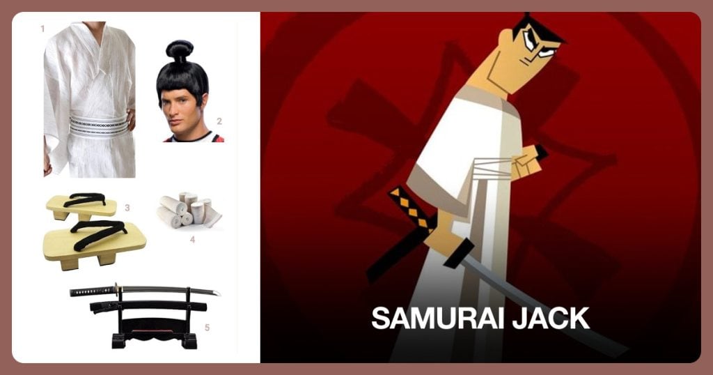 Japanese Yukata Kimono Robe, Samurai Wig, Japanese Traditional Shoes and Body Wrap Elastic Bandages beside Samurai Jack