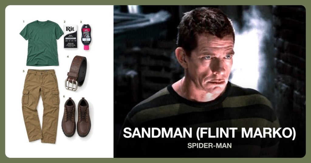Green Short-Sleeve Shirt, Black Fabric Dye, Black Fabric Paint and Brown Leather Belt beside Sandman (Flint Marko)