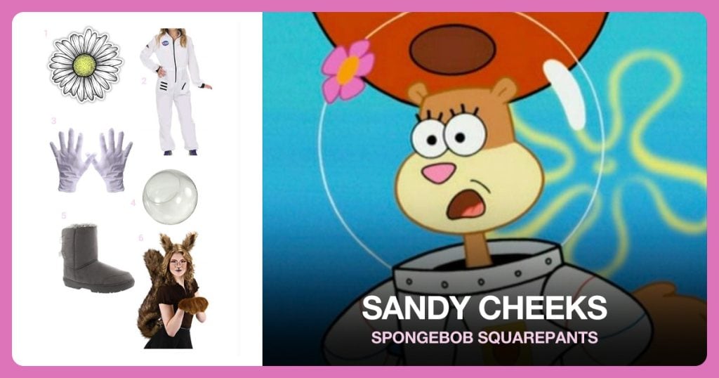 Daisy Flower Sticker, Womens Astronaut Costume, White Gloves and Clear Acrylic Globe beside Sandy Cheeks