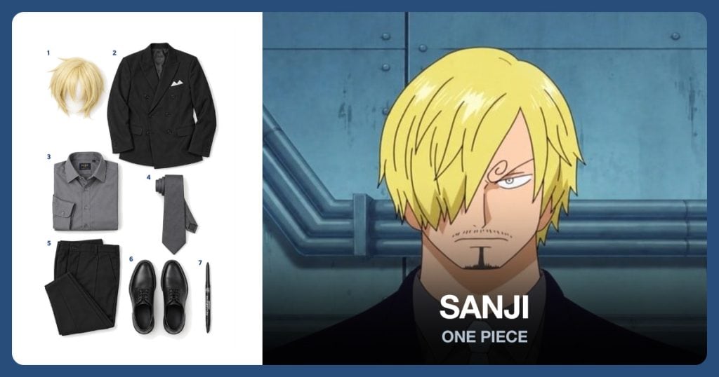 Short Blond Anime Wig, Black Double-Breasted Suit Jacket, Gray Dress Shirt and Charcoal Gray Tie beside Sanji