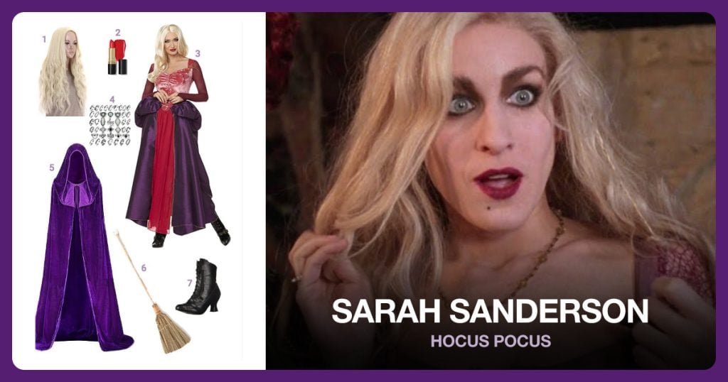 Blonde Curly Wig, Red Lipstick, Sarah Sanderson Costume and Vintage Silver Knuckle Rings Set beside Sarah Sanderson
