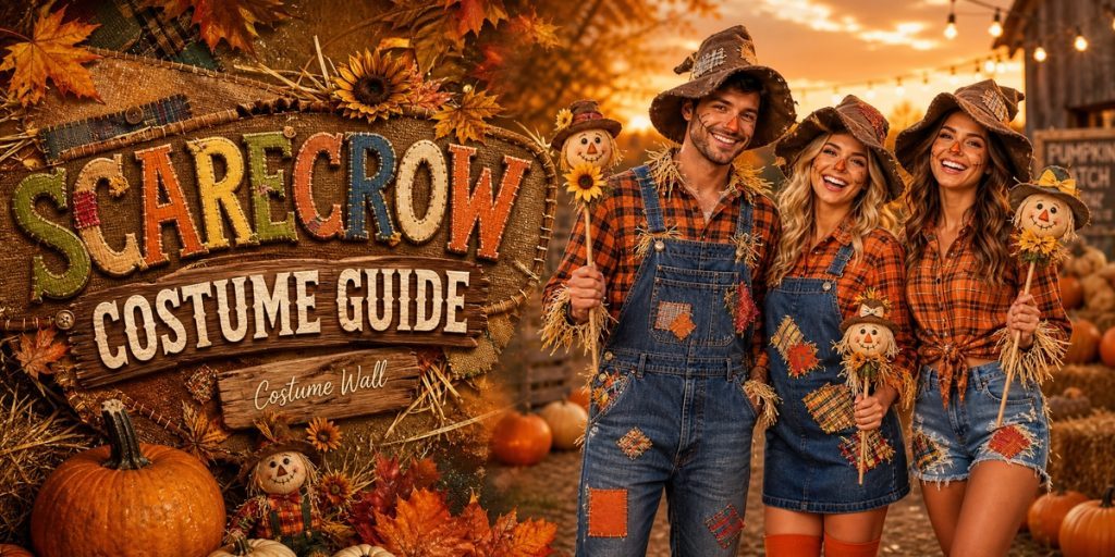 Orange Grey Plaid Flannel, Orange Plaid Flannel Shirt, Men’s Denim Bib Overalls and Blue Denim Pinafore Dress beside Scarecrow