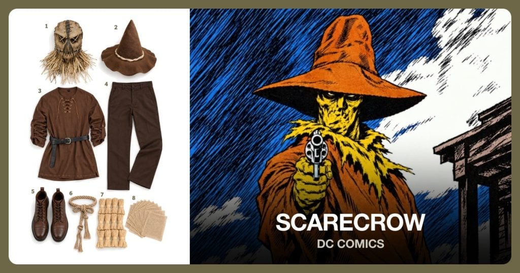Burlap Scarecrow Mask, Brown Scarecrow Hat, Brown Long-Sleeve Tunic and Dark Brown Work Pants beside Jonathan Crane as Scarecrow