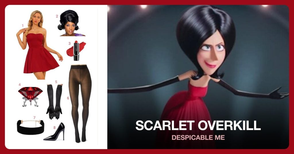 Scarlet Overkill costume from Despicable Me: Red Strapless Party Dress, Dream Glam Diva Wig, Red Lipstick, Red Crystal Diamond