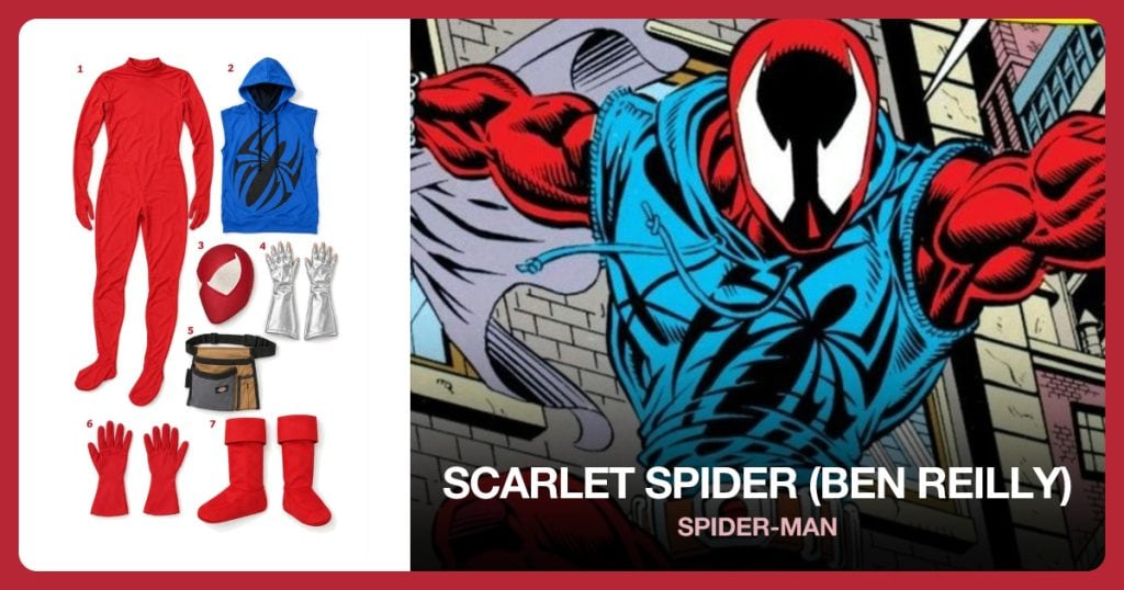 Red Full-Body Superhero Suit, Blue Sleeveless Scarlet Spider Hoodie and Scarlet Spider Ben Reilly Mask beside Scarlet Spider (Ben Reilly)