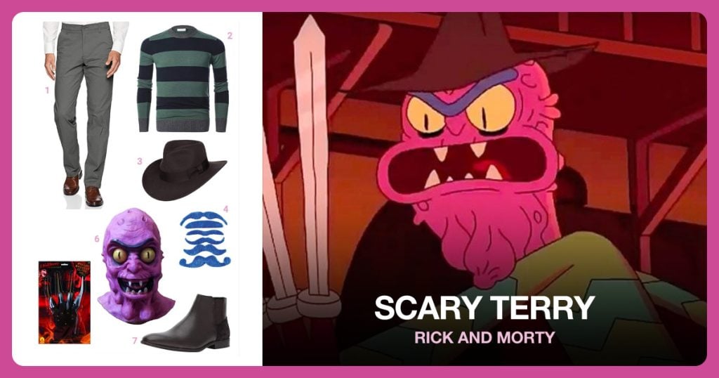 Grey Khaki Pant, Men’s Striped Sweater, Brown Fedora and Blue Unibrow beside Scary Terry
