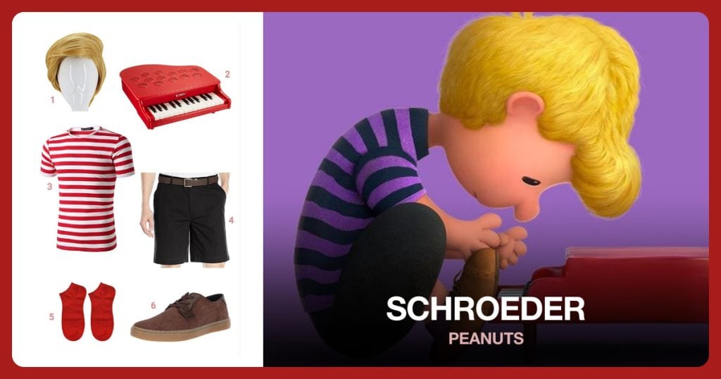Golden Yellow Wig, Mini Red Piano, Red and White Stripe Crewneck and Black Shorts beside Schroeder