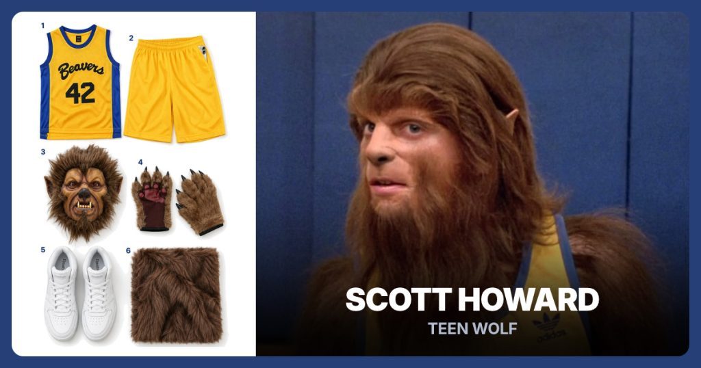 Beavers #42 Jersey, Yellow Basketball Shorts, Werewolf Mask and Wolf Paw Gloves beside Scott Howard