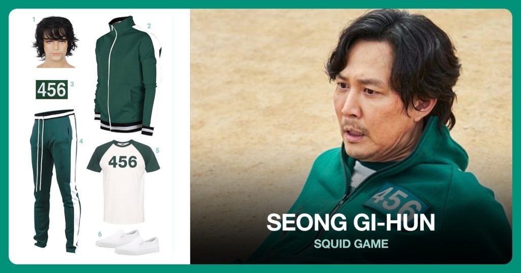 Men’s Black Wig, Men’s Green Jacket, Name Tag Number Plate 456 and Men’s Green Track Pants beside Seong Gi-Hun