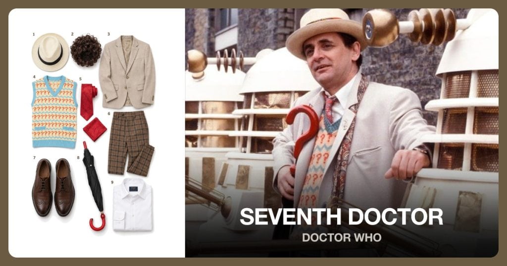 Cream Panama Hat, Short Curly Brown Wig, Beige Tweed Jacket and Question Mark Sweater Vest beside Seventh Doctor