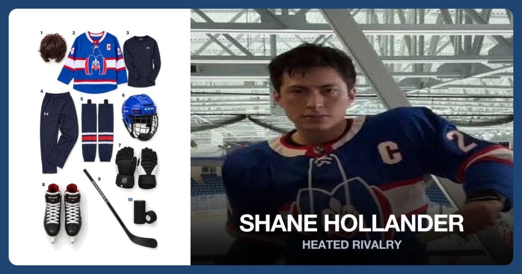 Dark Brown Hockey Wig, Montreal Metros Hockey Jersey, Navy Hockey Undershirt and Navy Hockey Pants beside Shane Hollander