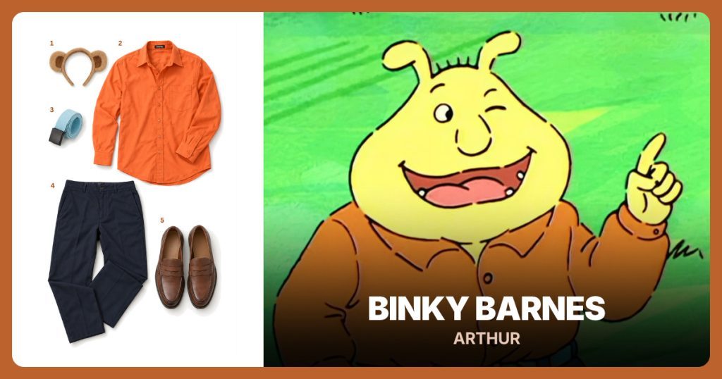 Tan Rounded Ear Headband, Orange Button-Up Shirt, Light Blue Web Belt and Navy Dress Pants beside Binky Barnes from Arthur