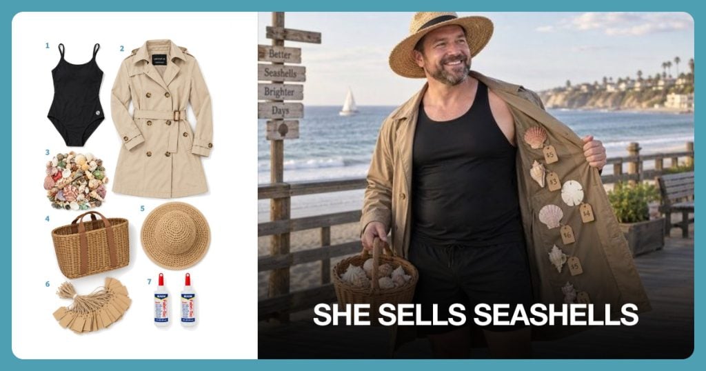 Black One-Piece Swimsuit, Khaki Trench Coat, Natural Craft Seashells and Wicker Market Basket beside She Sells Seashells