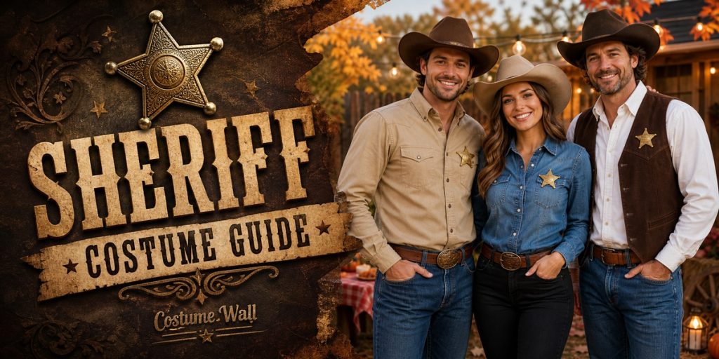 Light Khaki Oxford Shirt, Blue Denim Chambray Shirt, White Dress Shirt and Brown Western Cowboy Vest beside Sheriff