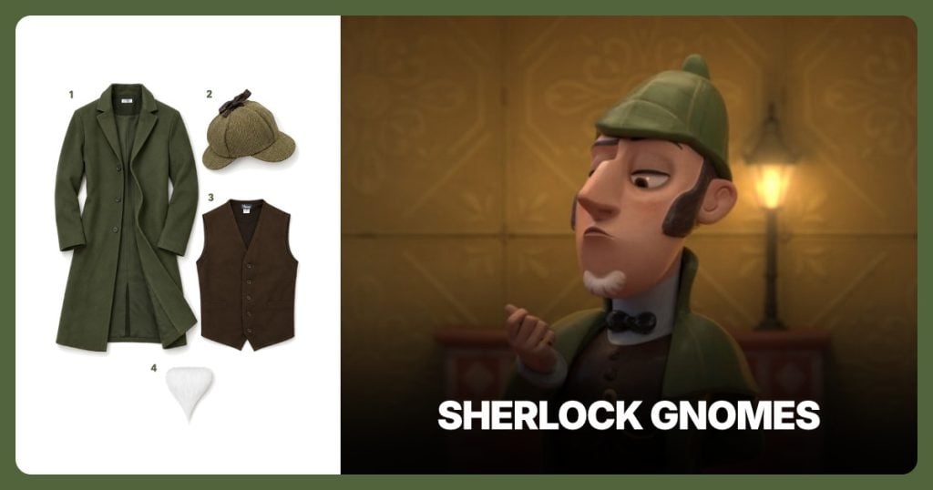 Olive Green Long Detective Coat, Light Sage Tweed Deerstalker Hat and Dark Brown Buttoned Waistcoat beside Sherlock Gnomes