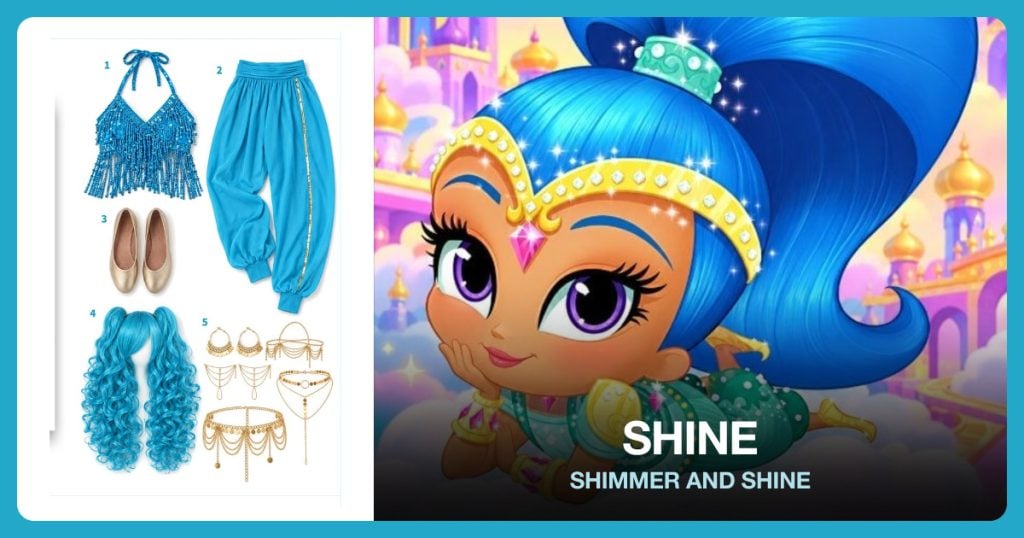 Blue Sequin Top, Blue Harem Pants, Gold Ballet Flats and Blue Ponytail Wig beside Shine