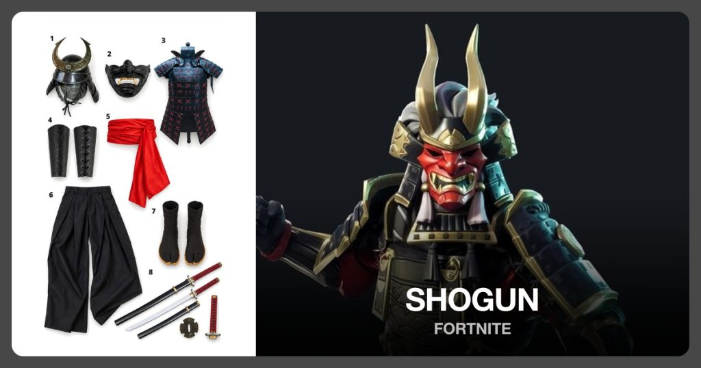 Black-and-red horned samurai kabuto helmet and Black samurai face mask or menpo beside Shogun