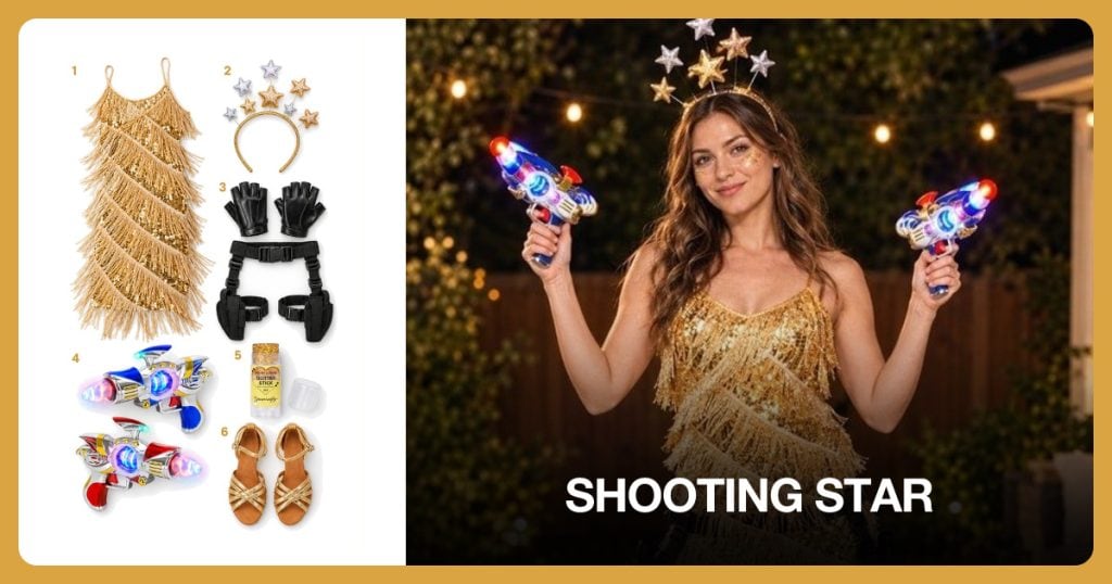 Gold Sequin Dress, Gold Star Headband, Black Thigh Holster and Light-Up Toy Blasters beside Shooting Star