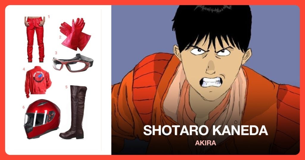 Red Leather Pants, Red Gloves, Riding Goggles and Red Leather Jacket beside Shotaro Kaneda