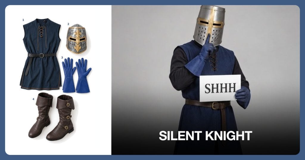Medieval Knight Tunic, Knight Crusader Helmet, Blue Medieval Gauntlet Gloves and Brown Medieval Boots beside Silent Knight