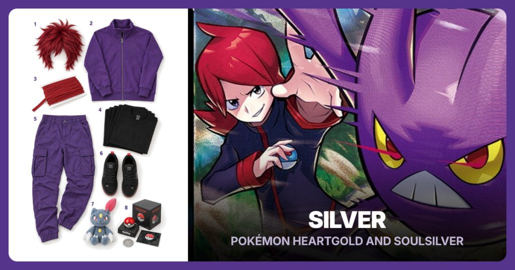 Dark Red Layered Cosplay Wig, Purple Stand-Collar Jacket, Dark Red Piping Trim and Black Crewneck T-Shirt beside Silver
