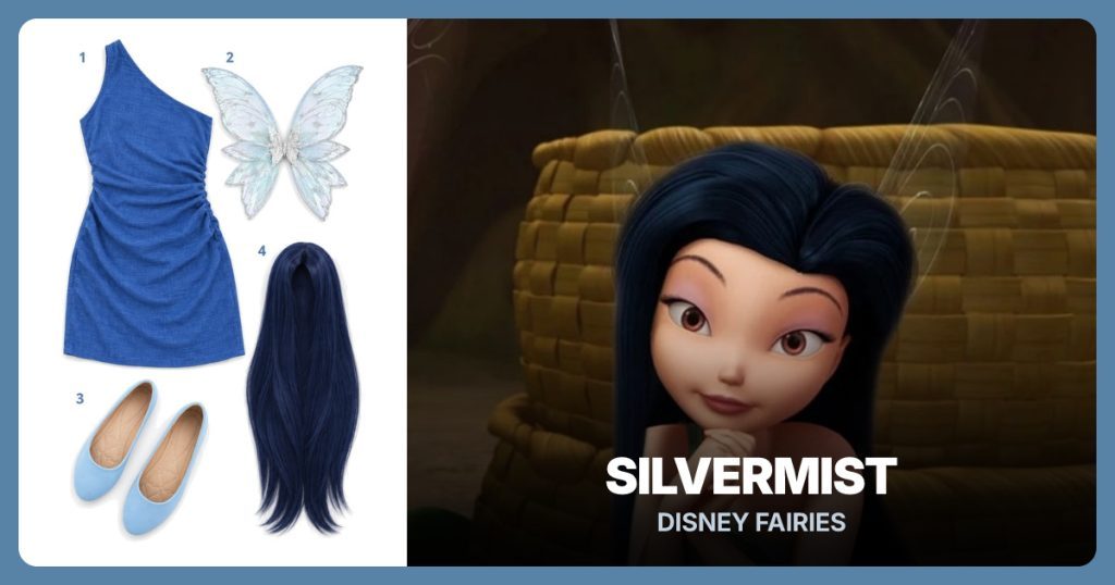 Blue One-Shoulder Dress, Silver-Blue Fairy Wings, Sky-Blue Ballet Flats and Long Dark-Blue Wig beside Silvermist