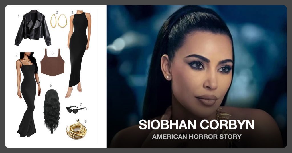 Black Retro Leather Jacket, Oval Hoop Earrings, Black Maxi Dress and Spaghetti Strap Sleeveless Dress beside Siobhan Corbyn