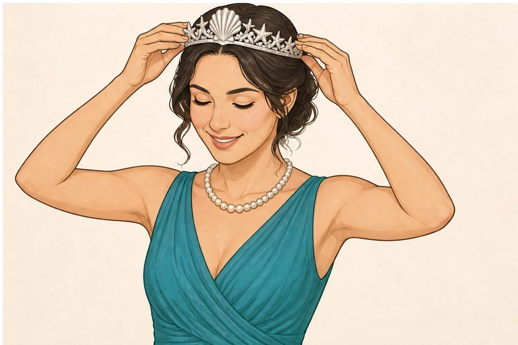 Place shell crown and pearl necklace