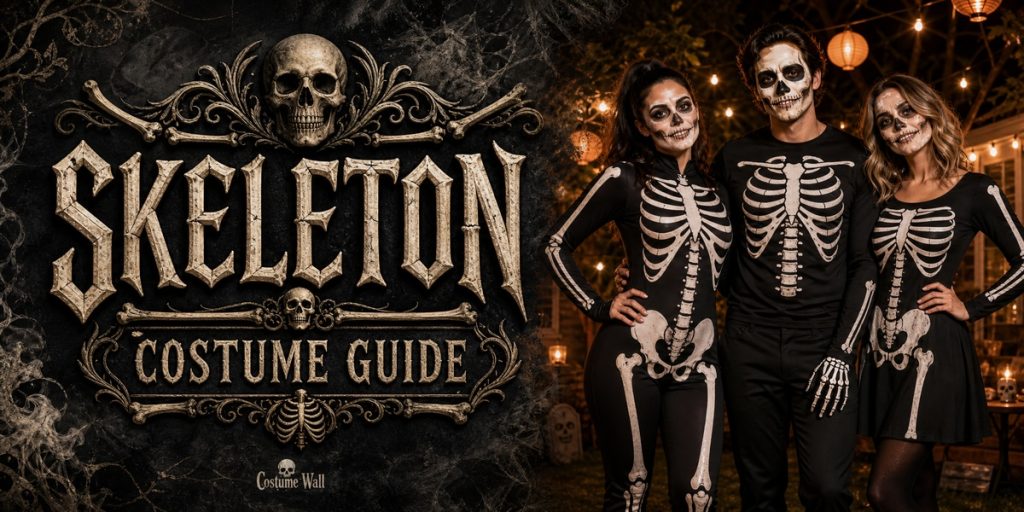 Women’s Skeleton Hooded Jumpsuit, Men’s Skeleton Ribcage Shirt and Black Skeleton Dress beside Skeleton