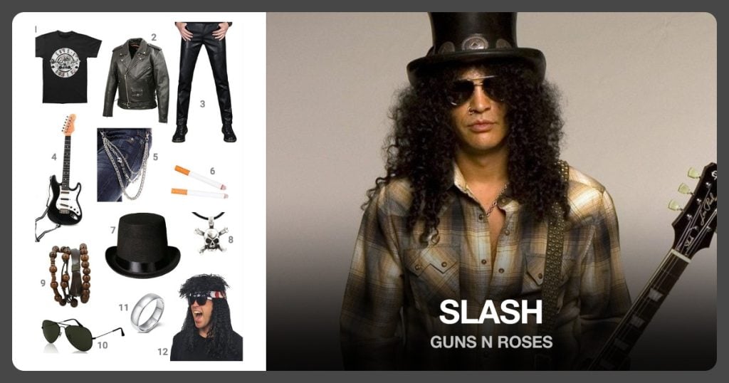 Guns N Roses T-Shirt, Black Leather Jacket, Leather Pants and Electric Guitar beside Slash
