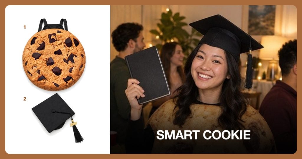 Women’s Standard Cookie Costume and Black Graduation Cap beside Smart Cookie