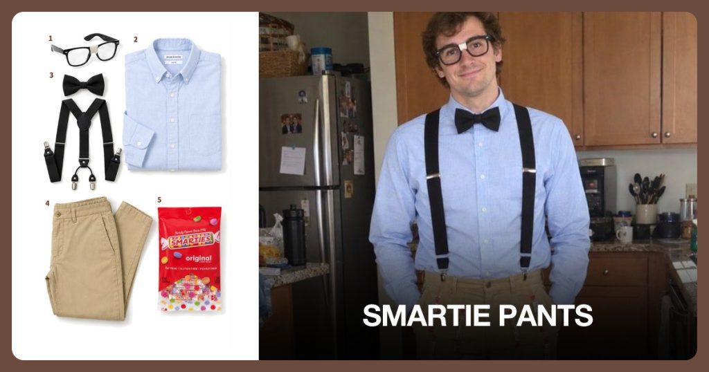 Retro Nerd Costume Glasses, Slim-Fit Long-Sleeve Oxford Shirt, Bow Tie and Suspenders and Slim Fit Khaki beside Smartie Pants