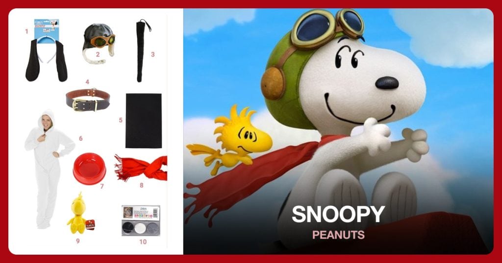 Snoopy Headband, Aviator Cap with Goggles, Black Animal Tail and Dog Collar beside Snoopy