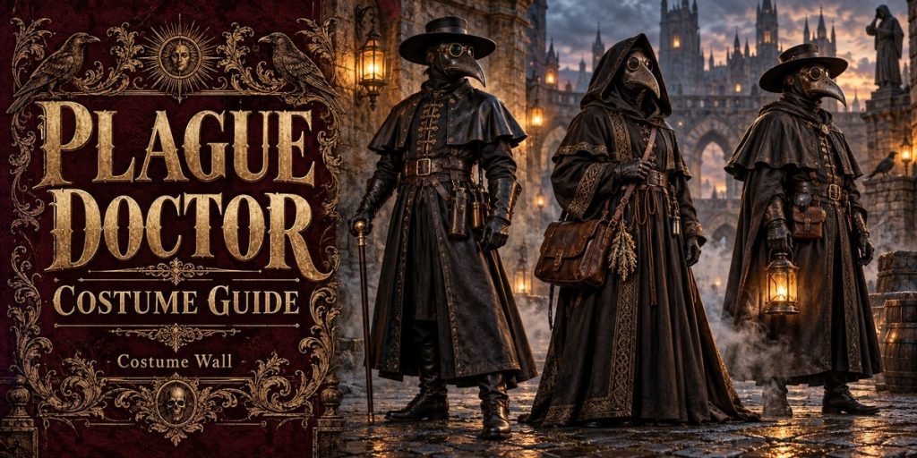Beaked Plague Doctor Mask, Riveted Black Bird-Beak Mask and Black Wide-Brim Plague Doctor Hat beside Plague Doctor