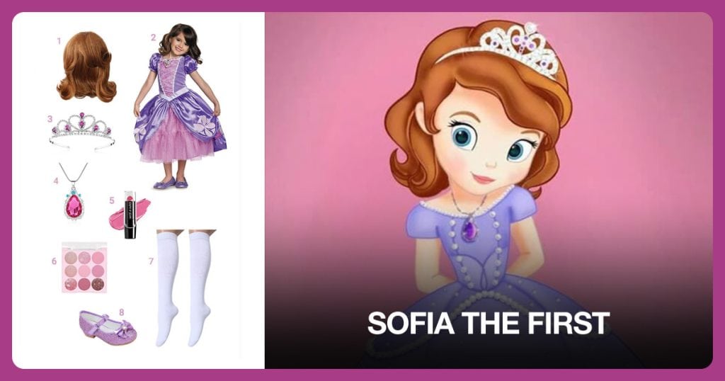 Princess Cosplay Wig, Princess Dress Costume, Purple Gem Rhinestone Tiara and Women’s Opaque Knee High Socks beside Sofia the First