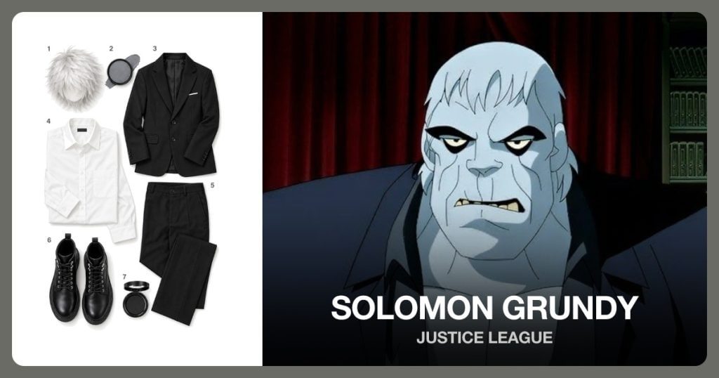 Short White Wig, Gray Body Makeup, Black Suit Jacket and Ivory Dress Shirt beside Solomon Grundy