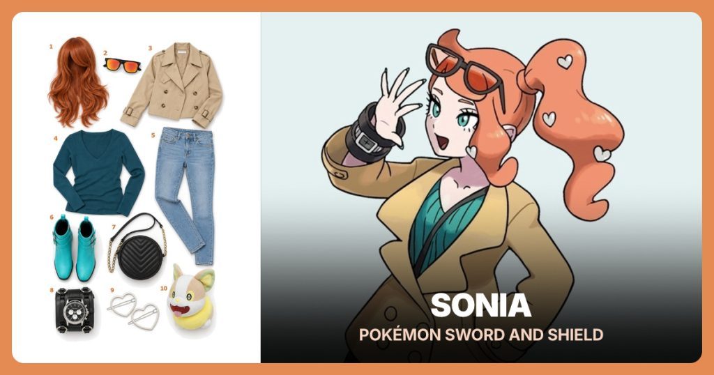 Ginger-Orange Long Wig, Orange Mirrored Sunglasses, Cropped Khaki Trench Coat and Deep Teal V-Neck Top beside Sonia