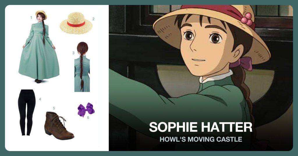 Sophie Hatter Costume, Straw Sun Hat, Sophie’s Wig and Black Leggings beside Sophie Hatter
