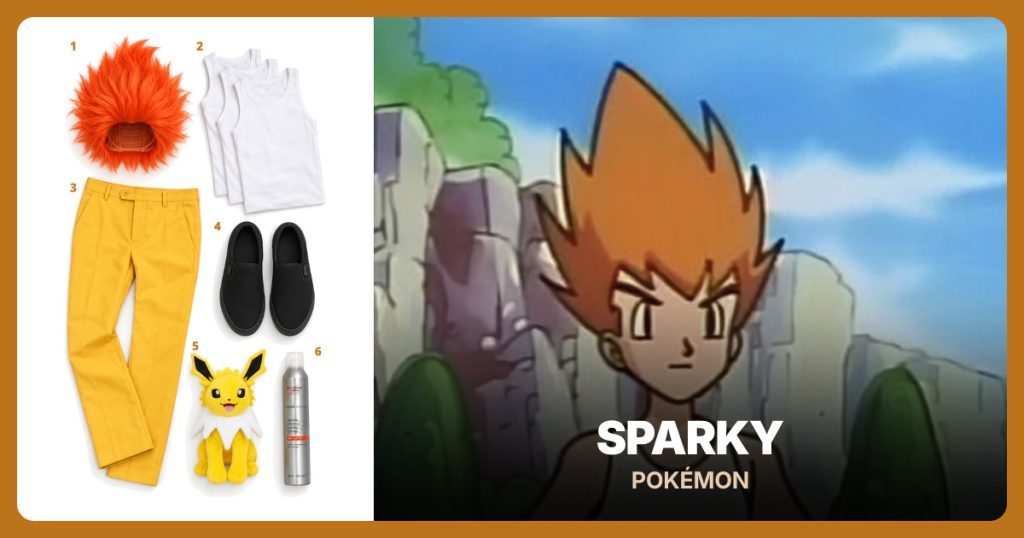 Tall orange wig, White tank top, Yellow dress trousers and Black slip-on shoes beside Sparky