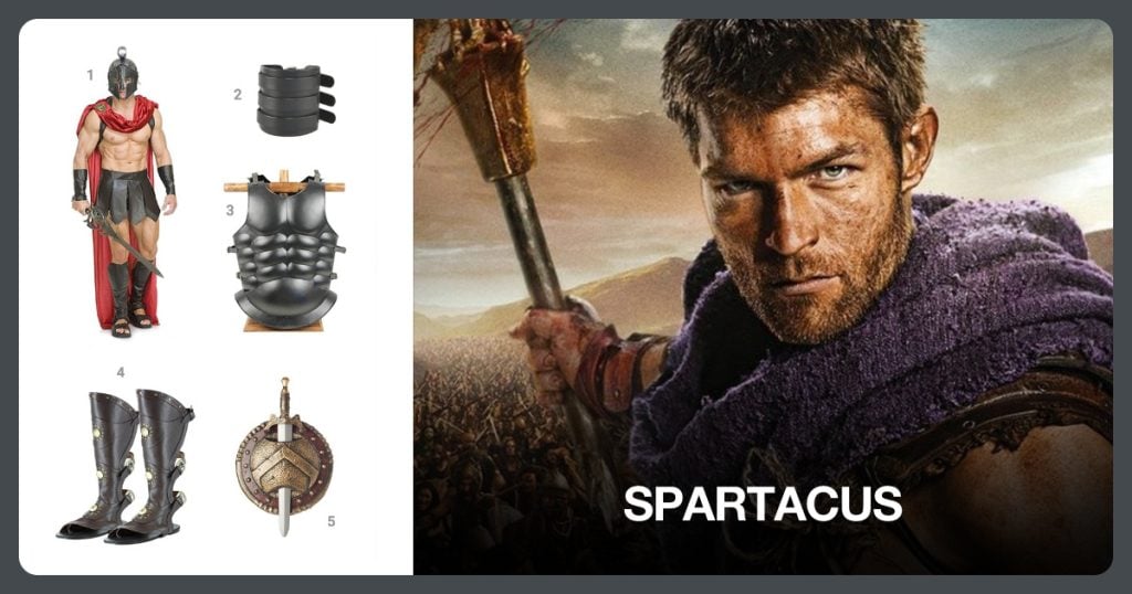 Spartan Costume, Roman Wrist Guard, Body Armor and Gladiator Sandals beside Spartacus
