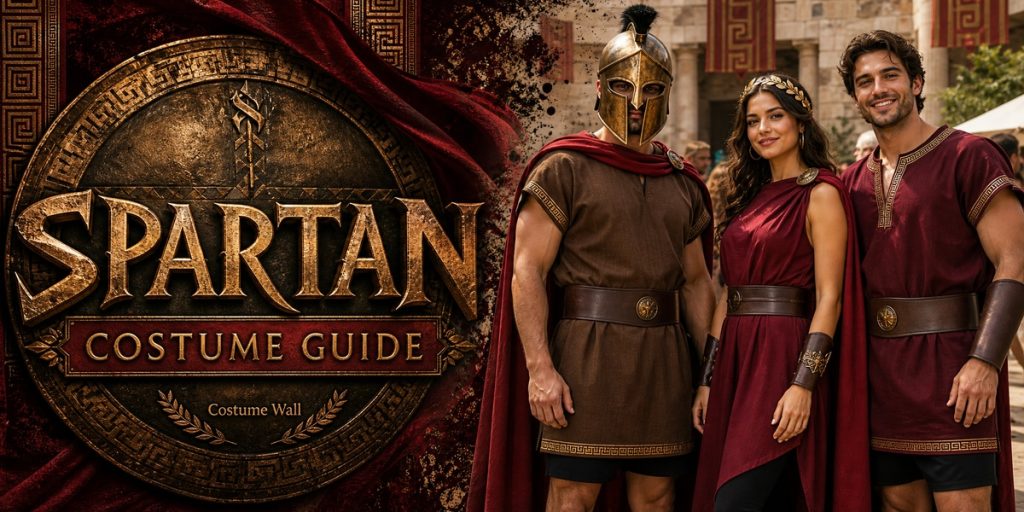 Brown Tunic Shirt, Burgundy Tunic Shirt, Red Costume Cape and Burgundy Midi Dress beside Spartan