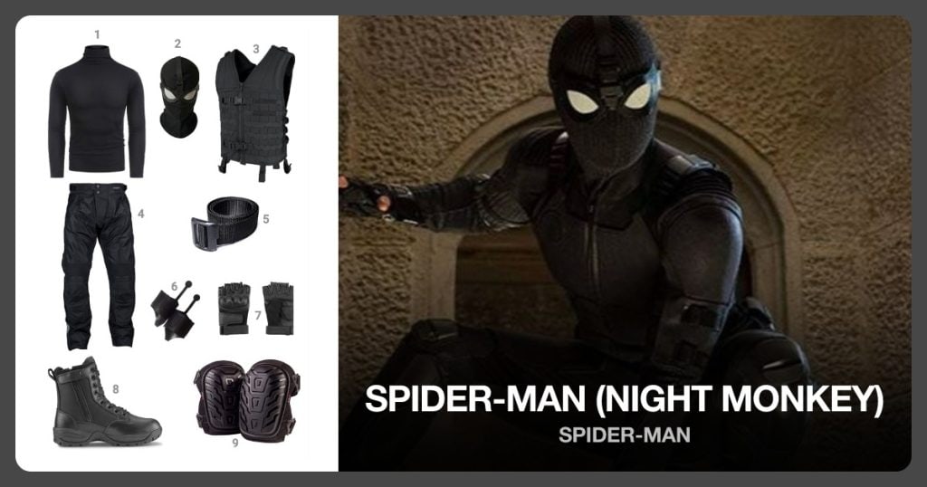 Black Turtle Neck, Night Monkey Mask, Black Tactical Vest and Black Biker Pants beside Spider-Man (Night Monkey)