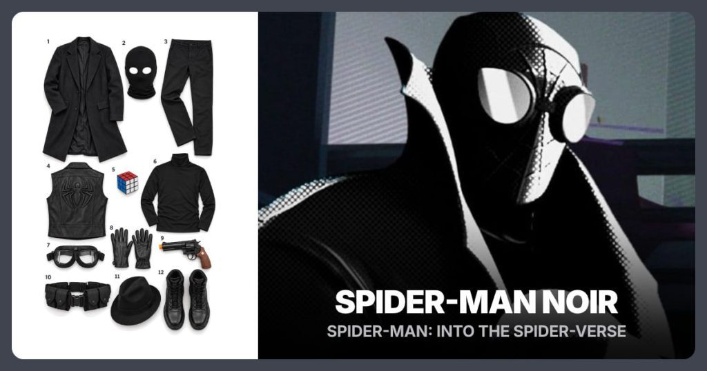 Black Trench Coat, Black Hood Mask, Black Pants and Black Spider Vest beside Spider-Man Noir