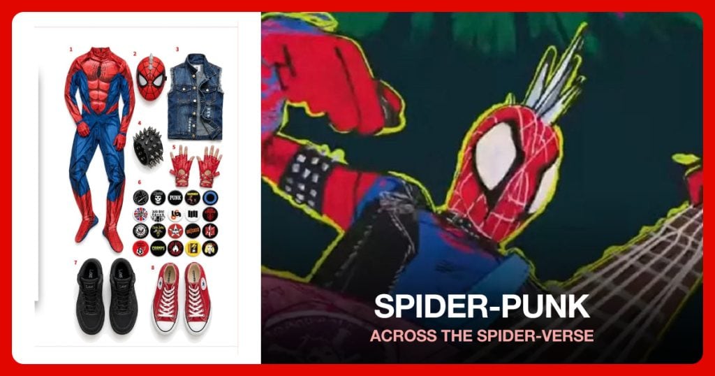 Spider-Man Bodysuit, Spider Punk Mask, Blue Ripped Denim Vest and Spiked Bracelets beside Spider-Punk