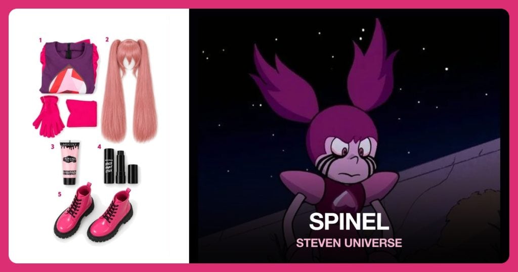 Spinel Costume Set, Rose-Red Pigtail Wig, Pale Pink Face Paint and Black Face Paint beside Spinel