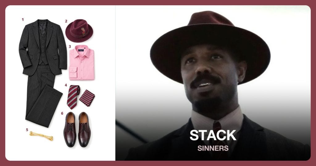 Charcoal Pinstripe Suit, Burgundy Fedora, Pink Dress Shirt and Red Striped Tie Set beside Stack