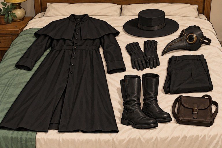 Lay out the mask, black clothing, hat, gloves and boots