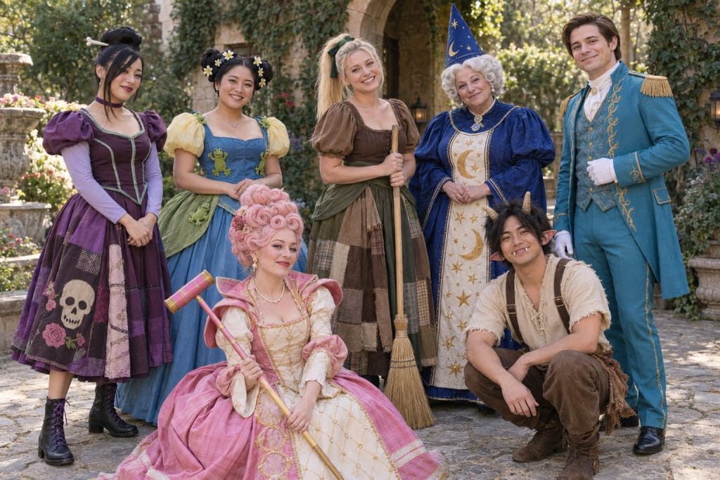 Seven adult cosplayers dressed as Lilith, Margot, Cinderella, Fairy Godmother, the Prince, Priscilla and Gef in a courtyard