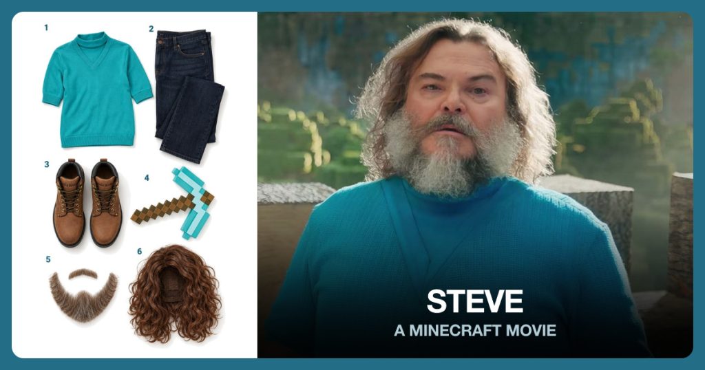 Teal Knit Costume Shirt, Dark Blue Jeans, Brown Work Boots and Minecraft Pickaxe Prop beside Steve (A Minecraft Movie)